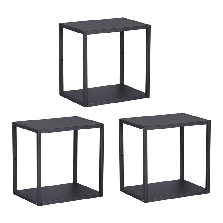 Set 3 rafturi perete, en.casa, otel, negru, 27,5x27,5x20cm