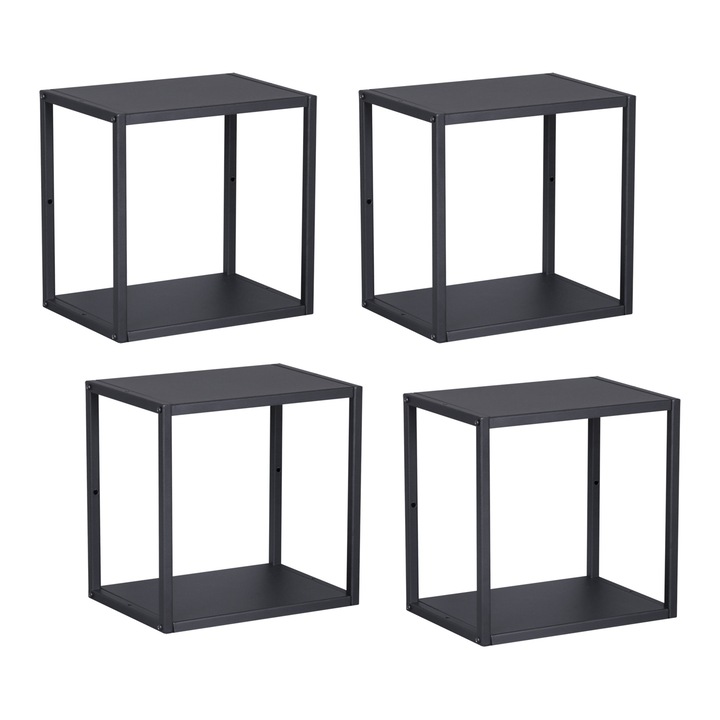 Set 4 rafturi perete, en.casa, Nostened, 27, 5 x 27, 5 x 20 cm, otel, negru