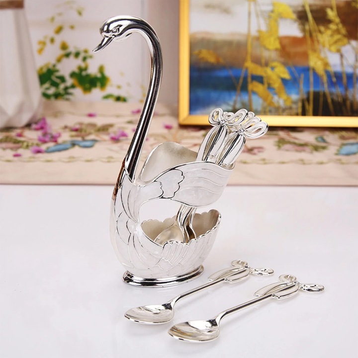 Set linguri decorative ZYBLSSBB cu suport in forma de lebada, aliaj metalic, argintiu, 7 piese (1 suport + 6 linguri)
