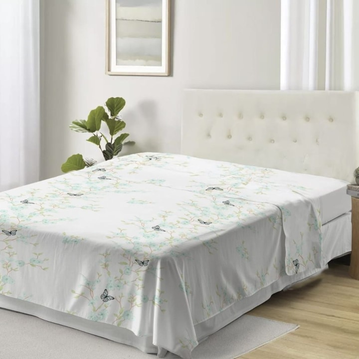 Cearceaf de pat dublu cu fluturi, 100% bumbac, 240x260cm, DeLuxe Pucioasa, Carina