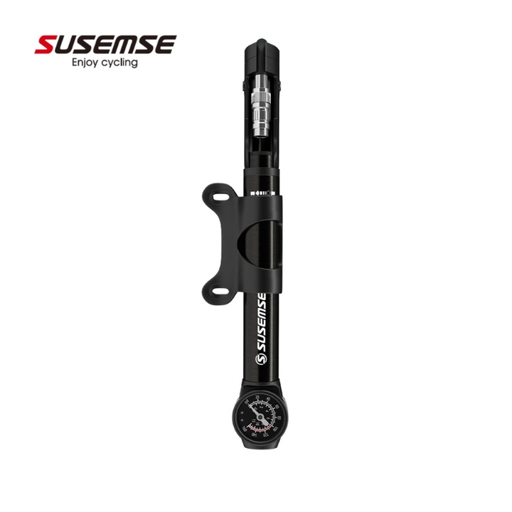 Pompa de bicicleta SUSEMSE, de mana, portabila, cu manometru, 11 bar, neagra, 27x35cm