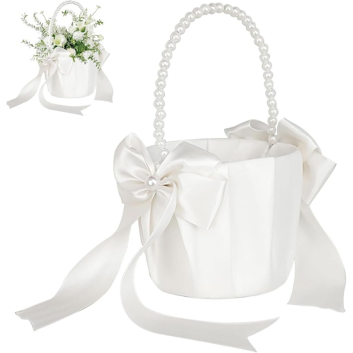 Кошница за цветя, ComResi®, бяла, 20x13 см, уникален дизайн, перлени дръжки