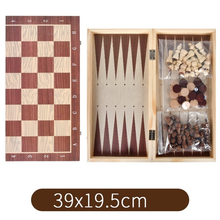 Set de sah 3 in 1, tabla de sah pliabila din lemn, sah, table, dame, 39x39cm