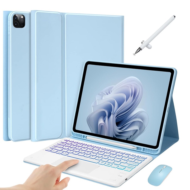 Tastatura Touchpad pentru Apple iPad Air 13-inch 2024 pentru iPad Pro 12.9-inch 6th Gen/5th Gen/4th Gen - detasabila, tastatura Bluetooth wireless cu iluminare din spate, mouse Bluetooth cu stylus, suport pentru stilou, albastru cerulen