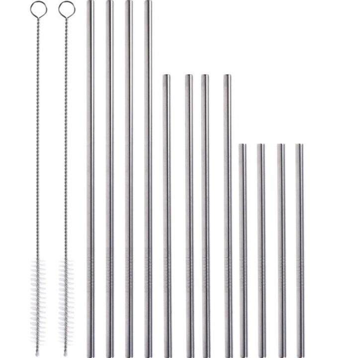 12 darab különböző hosszúságú fém szívószál + 2 tisztítóeszköz