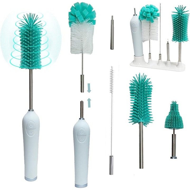 Perie electrica pentru biberoane cu suport, perie automata pentru curatarea biberoanelor cu maner de extensie, perie pentru biberoane cu burete, curatator pentru biberoane din silicon, perie pentru surse, 0-3 luni Perie curatare Fibra de grau