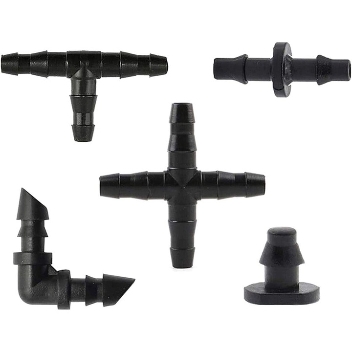 Conector Teu pentru Tub Picurare, Rqiurpn, Set de 300 de piese pentru conectoare de irigare, plastic, 4/7 mm, negru