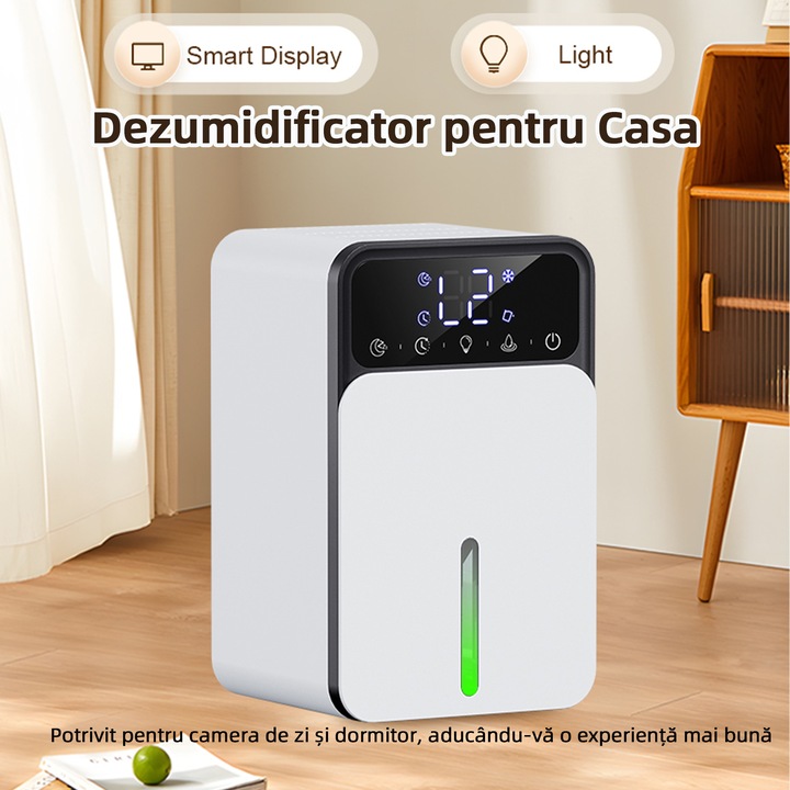 Dezumidificator, Yulinland®, pentru Casa, Consum Redus de Energie, Display Digital, Capacitate Rezervor 1200 ML, 350 ml/24h, Uscare Rufe, Silentios cu Functie de Oprire Automata, Portabil, 7 becuri LED colorate, Alb