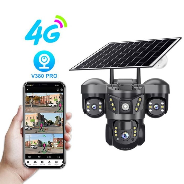 Camera de supraveghere tripla WiFi 15 MP ANTCOOL®, 4G Camera solara ， Full HD, 3 lentile 1080P, camera de supraveghere WiFi, 10x Zoom Auto Tracking Video, impermeabil, negru