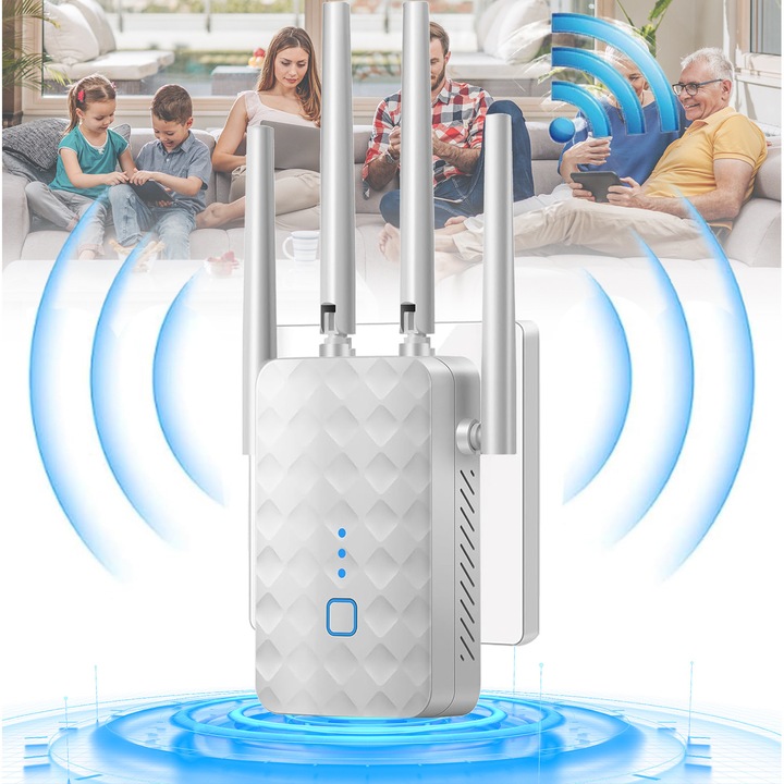 Folixs WiFi Range Extender vezeték nélküli jelerősítő, 1200 Mbps, kétsávos 2,4 GHz-5 GHz, 3 üzemmód, router/jelerősítő/AP modul, WEP és WPA/WPA2, 4 antenna, erős falakon keresztüli jel, nagy sebességű mód, biztonságos kapcsolat