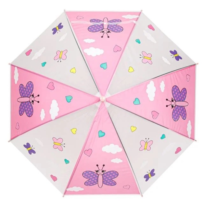 Umbrela de Ploaie Baston Automata Roz Fluturi Inimi pentru Copii 65cm