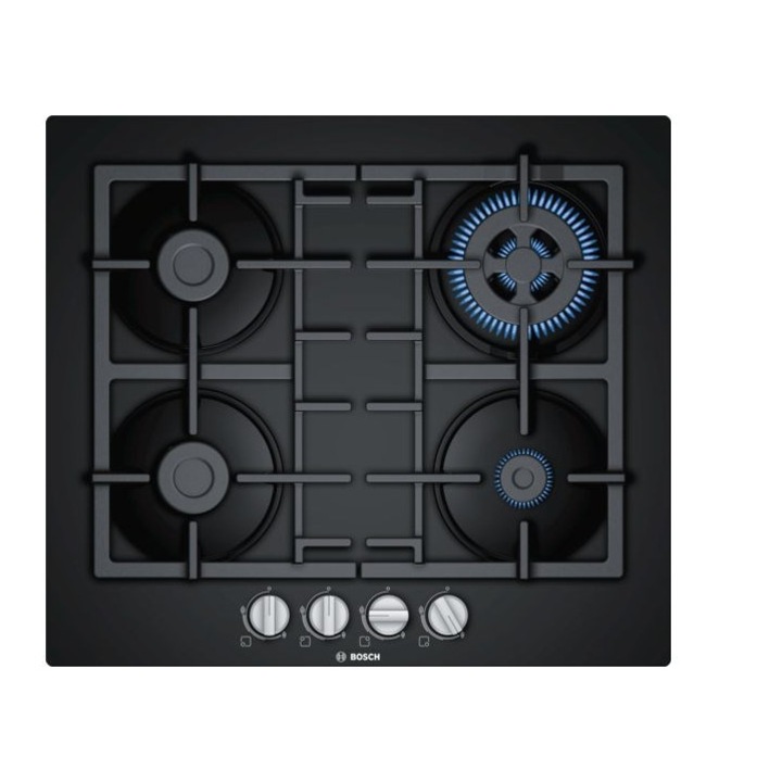 Вграден котлон Bosch Serie 4 PNH6B6B90, Газ, 4 горелки, Електрическо запалване, Чугунена поставка, Черен