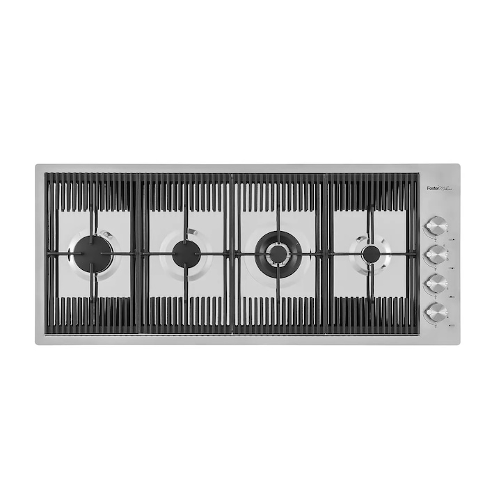 Plita incorporabila pe gaz Barazza, 120 cm, 4 arzatoare, colectie Lab, aprindere electrica, grilaj robust fonta, comutatoare rotative, otel inoxidabil, finisaj satinat, usor de curatat, design modern, inox