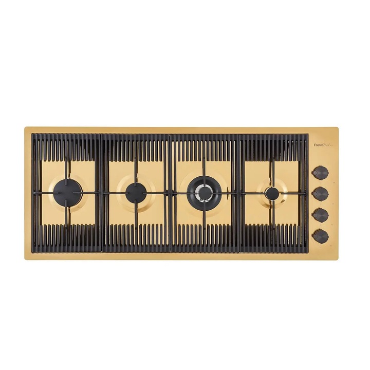 Plita incorporabila pe gaz Foster, 111 cm, 4 arzatoare, instalare pe blat/la nivelul blatului, consum redus, aprindere electrica, grilaj robust fonta, comutatoare rotative, finisaj PVD, usor de curatat, design modern, auriu