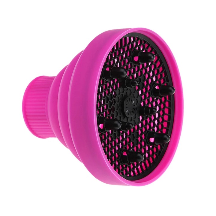 Difuzor pentru uscator de par YANYXR BCS3249388, pliabil din silicon universal, diametru conectare 5 cm, diametru capac 13,8 cm, roz