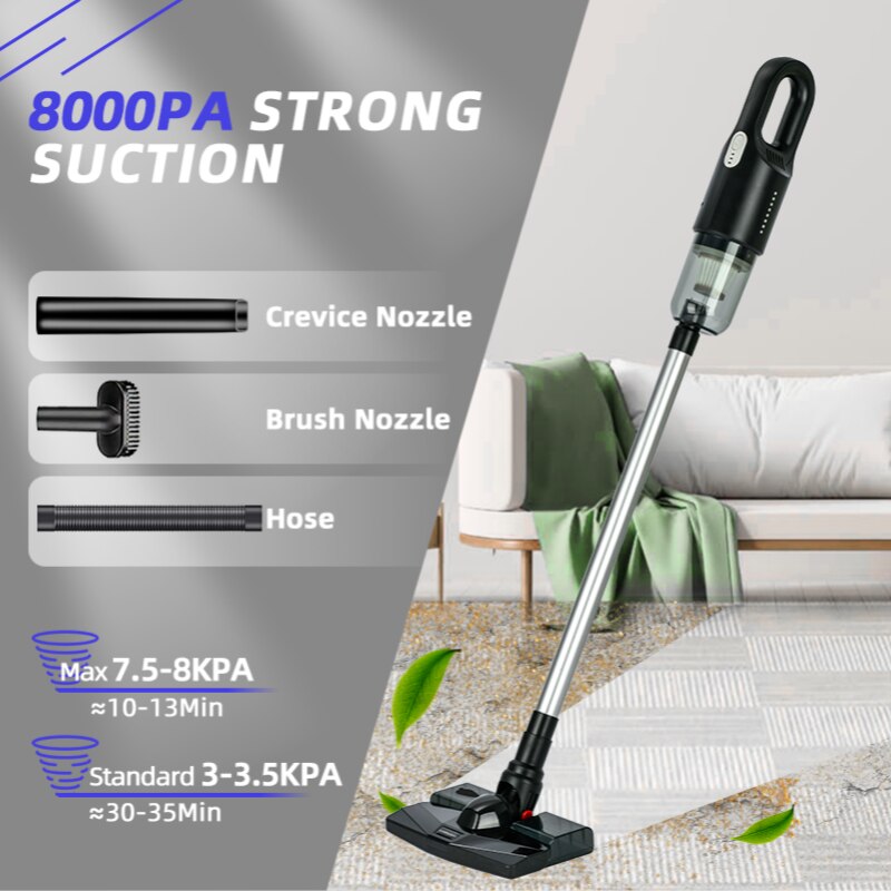 Aspirator vertical fara fir, 120W, capacitate cupa de praf 0, 4L, cu rezervor de apa, putere de aspirare 12000Pa, 6000mAh, potrivit pentru toate tipurile de lucrari de curatenie casnica, durata lunga de viata a bateriei, negru