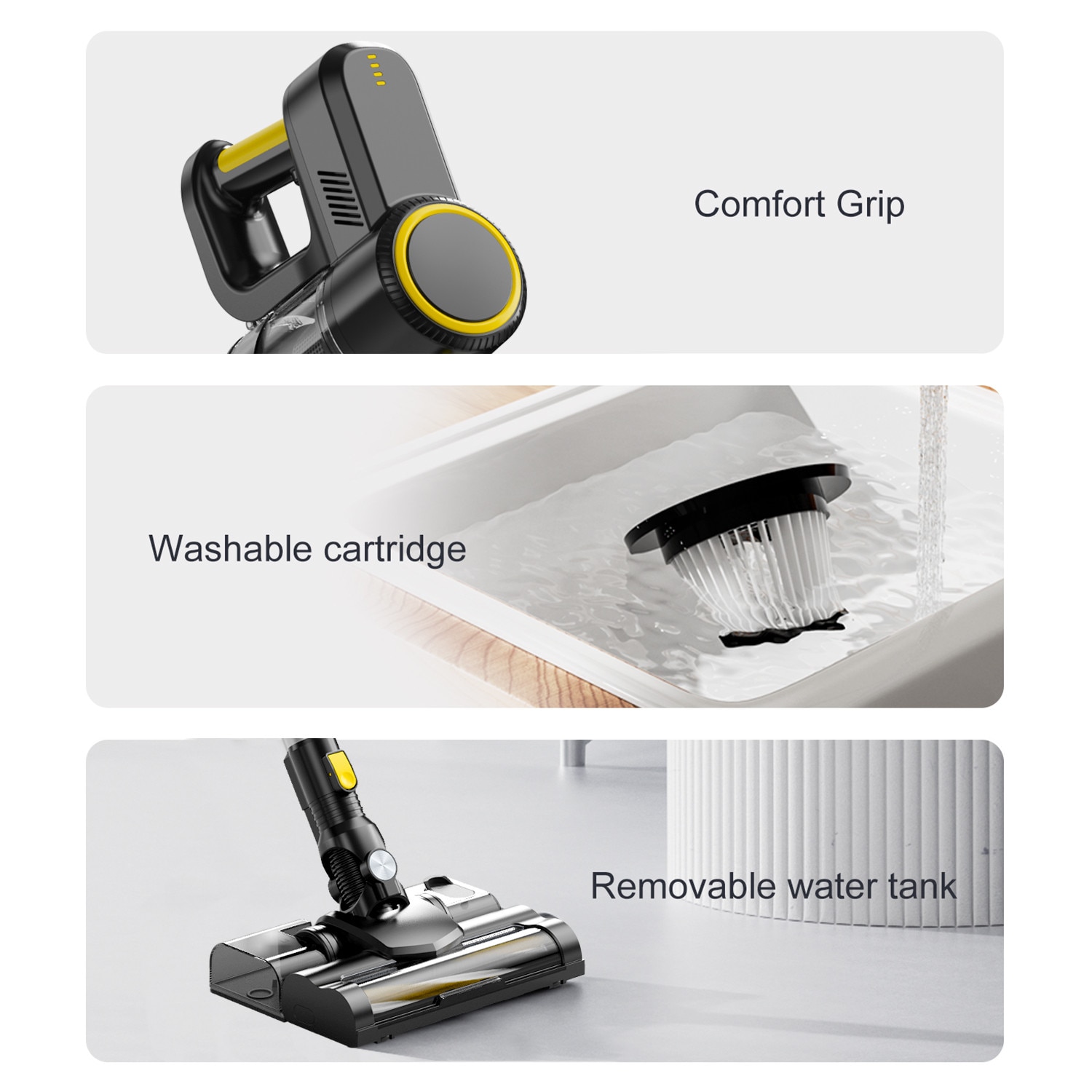 Aspirator vertical fara fir, cu rezervor de apa, tub rabatabil, 150W, capacitate cupa de praf 0, 8L, 18Kpa, afisaj digital LED, potrivit pentru toate tipurile de lucrari de curatenie casnica, durata lunga de viata a bateriei, galben