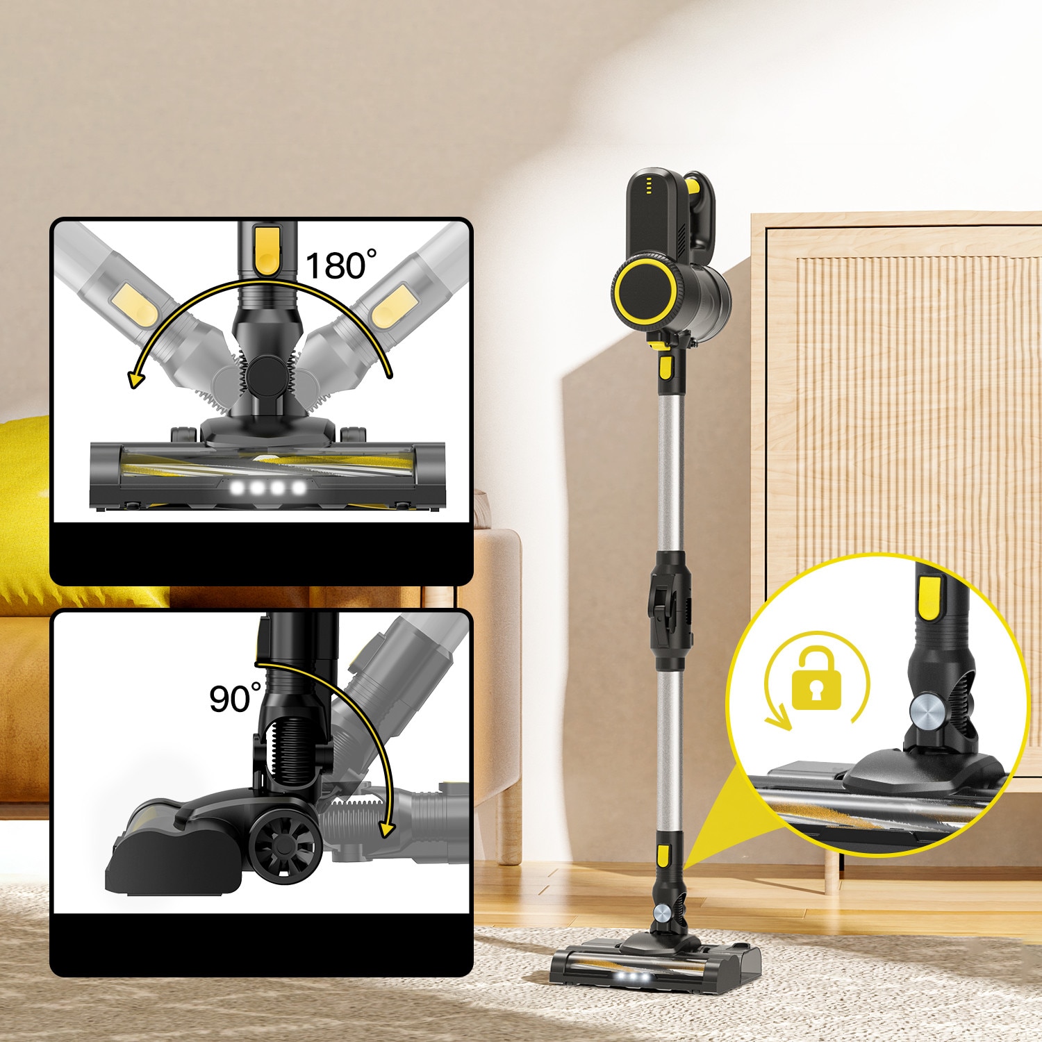 Aspirator vertical fara fir, cu rezervor de apa, tub rabatabil, 150W, capacitate cupa de praf 0, 8L, 18Kpa, afisaj digital LED, potrivit pentru toate tipurile de lucrari de curatenie casnica, durata lunga de viata a bateriei, galben