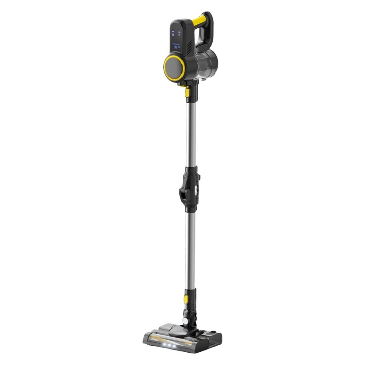 Aspirator vertical fara fir, cu rezervor de apa, tub rabatabil, 150W, capacitate cupa de praf 0, 8L, 18Kpa, afisaj digital LED, potrivit pentru toate tipurile de lucrari de curatenie casnica, durata lunga de viata a bateriei, galben