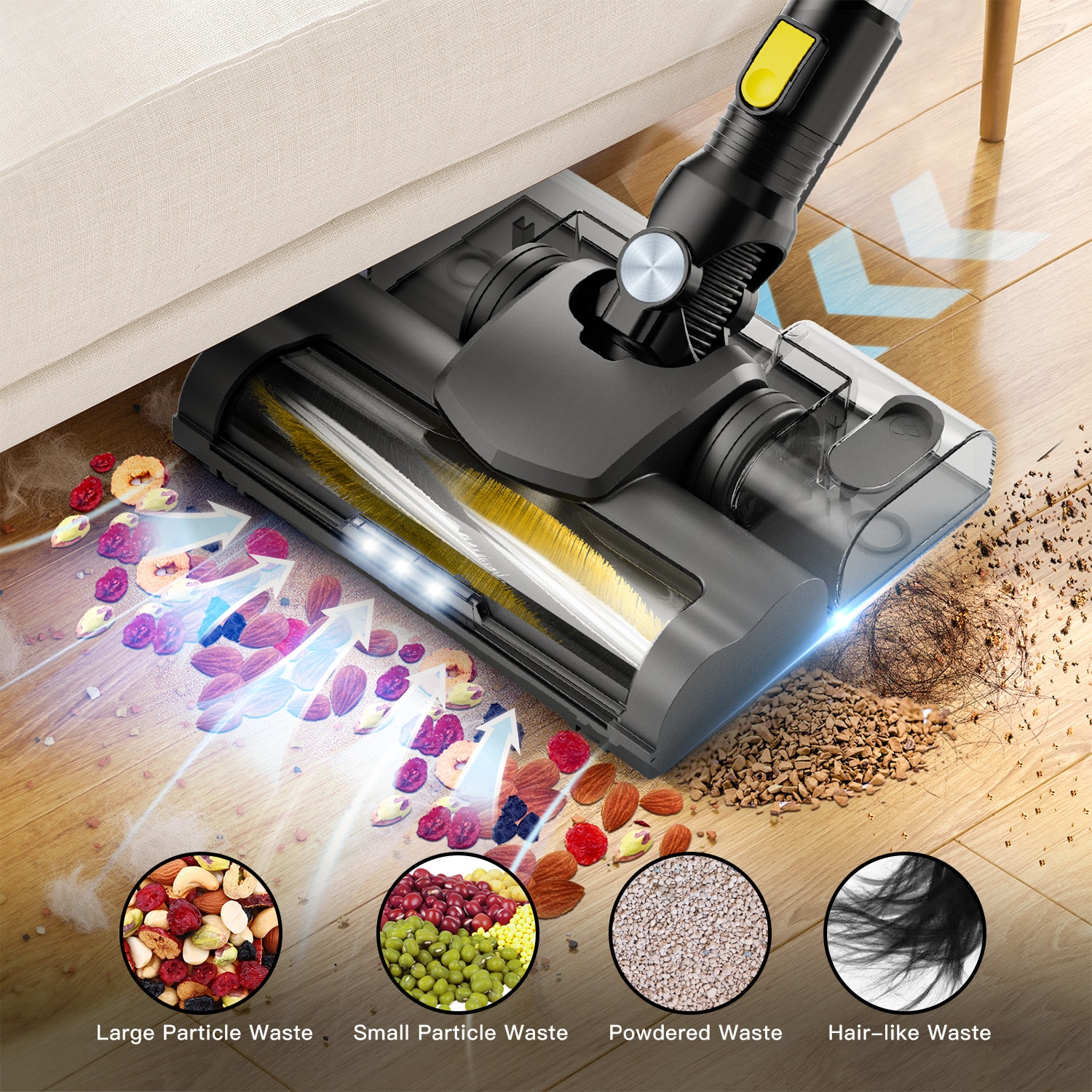 Aspirator vertical fara fir, cu rezervor de apa, tub rabatabil, 150W, capacitate cupa de praf 0, 8L, 18Kpa, afisaj digital LED, potrivit pentru toate tipurile de lucrari de curatenie casnica, durata lunga de viata a bateriei, galben