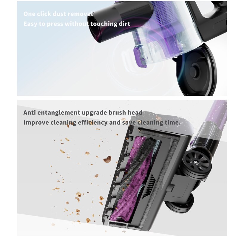 Aspirator vertical fara fir, perie de indepartare a acarienilor, tub pliabil, 250W, capacitate cupa de praf 0, 7L, 22Kpa, 7x2000mAh, potrivit pentru diverse sarcini de curatare in gospodarie, durata lunga de viata, negru si violet
