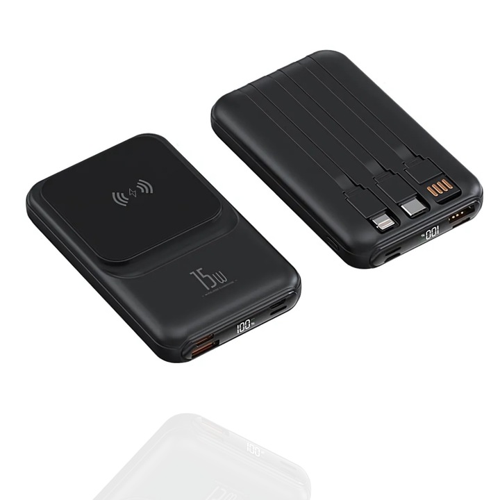 MagSafe kompatibilis külső akkumulátor Eneriq, RonicX, vezeték nélküli 15W, 22.5W SuperFastCharge, 4 port, 3 integrált USB-C / Lightning / USB-A kábel, iPhone, Samsung, Xiaomi készülékekkel kompatibilis, fekete