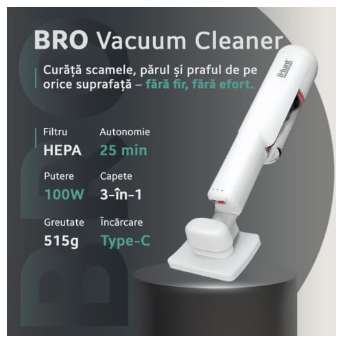 Aspirator de mana fara fir iHunt Bro Vacuum Cleaner 3-in-1, Multisuprafete, Aspiratie puternica 100W / 13kPA, Include perie curatat par animale si accesorii spatii inguste, White