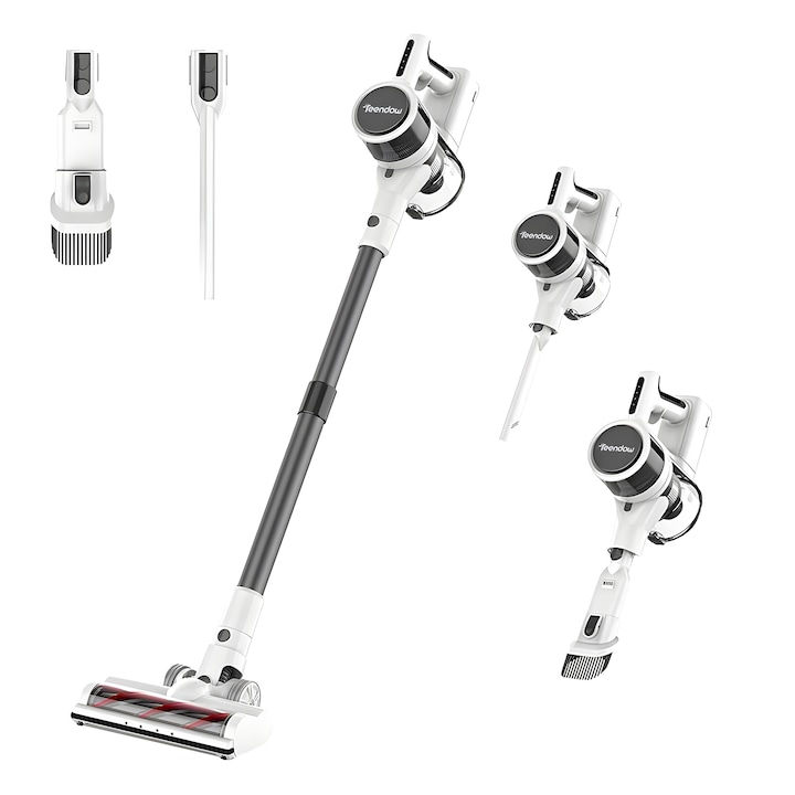 SeveShop® P11 Pro Teendow 4-в-1 безжична вертикална прахосмукачка, вихров мотор 280 000 об/мин, 3000kPa, 5-степенен HEPA филтър, батерия 2600 mAh, LED осветление, множество четки, идеална за под, килими, животински косми, мъх, пясък, прах, черно-бяло