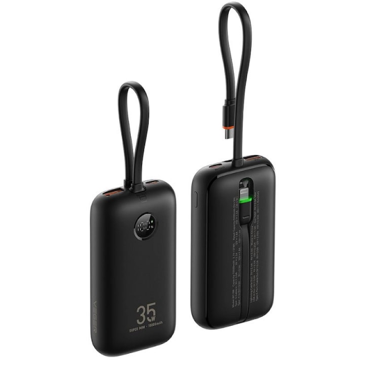 Powerbank VEGER K1 10.000mAh, 35W PD cu Ecran Digital – Negru