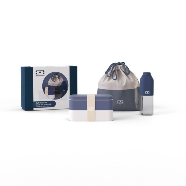Set cutii alimentare Monbento, lunchbox Original Bento, butelca Positive, lunchbag Pochette, alb, albastru