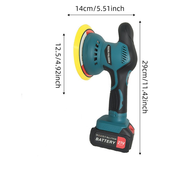 OEM Autó polírozógép 21V, 6001 modell, 6 sebesség, 2 db 1300mAh akkumulátor, tartozékok, beleértve a csiszolópapírt, szivacs padot, kesztyűt és a kötényt.