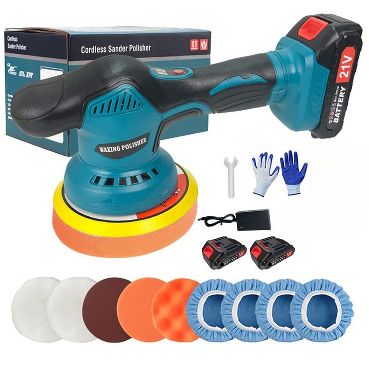 Masina de polisat auto 21V, model 6001, 6 viteze, 2 baterii 1300mAh, accesorii inclusiv smirghel, pad burete, manusi, sort