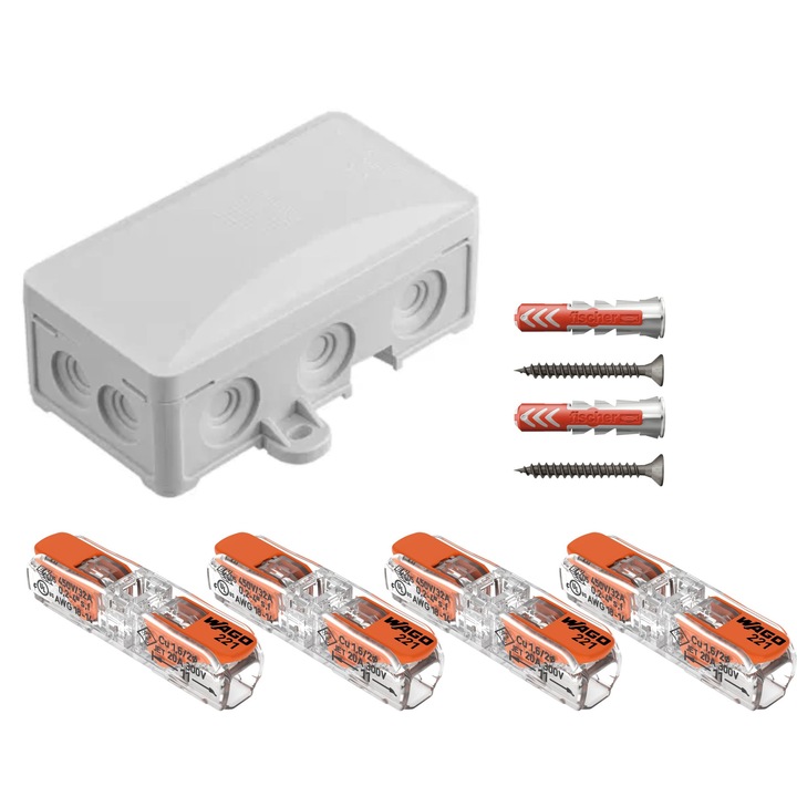 Doza derivatie, Cutie conexiuni, 72x95x40mm, IP54, PW-A.0063 PAWBOL dotata cu cleme Wago 221-2411 si dibluri Fischer DuoPower 6 x 30