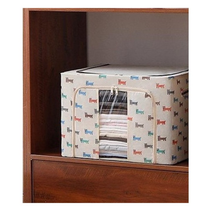 Cutie de Depozitare Pliabila, 2 Usi de Acces cu Fermoar Bidirectional, Imprimeu Catelus, Bej, Suport Baza Stabil din Plastic, 40x30x20 Cm, 24 L, Panza Oxford, Fereastra Frontala, Cadru Metalic