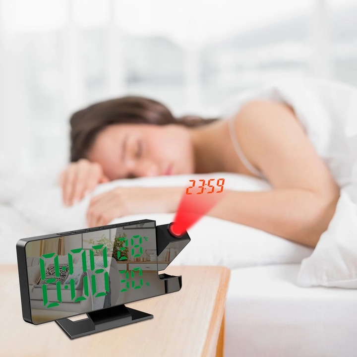 Ceas de proiectie multifunctional, LED, verde, 18.5x5.5x10cm