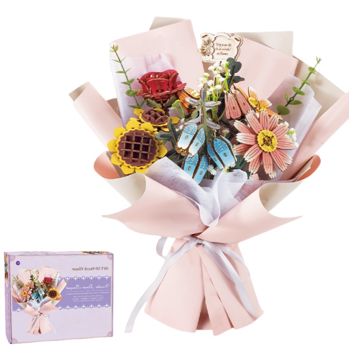 Конструктор букет цветя, От дърво, Ръчно изработен, 3D триизмерен пъзел, Рози, слънчогледи, маргаритки, камбанки, Подходящ за рожден ден, Свети Валентин