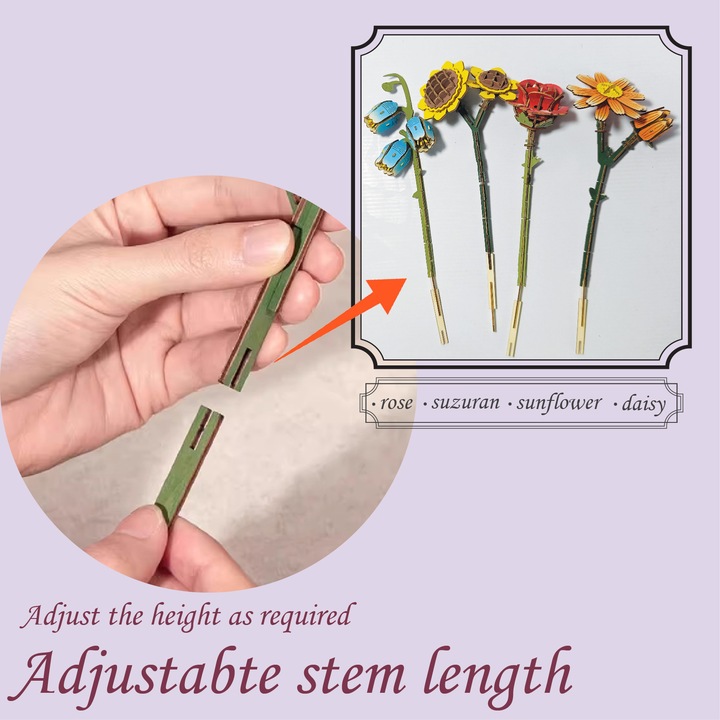 Конструктор букет цветя, От дърво, Ръчно изработен, 3D триизмерен пъзел, Рози, слънчогледи, маргаритки, камбанки, Подходящ за рожден ден, Свети Валентин