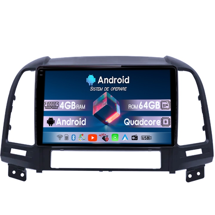 Navigatie dedicata Hyundai Santa Fe 2006-2012, 4GB RAM 64GB ROM, Octacore, Android 14, Display QLED 1K, 9", DSP, Carplay&Android Auto, Suport camere AHD