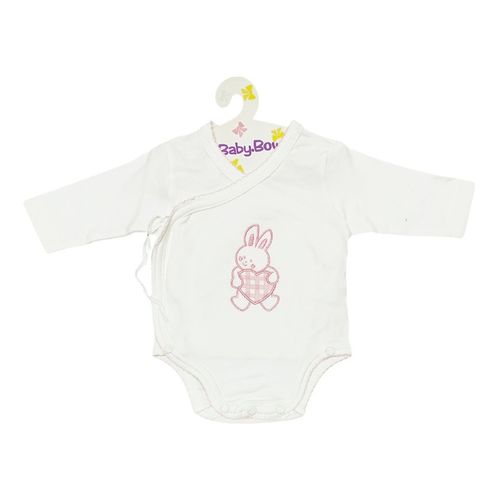 Body pentru bebelusi Babybow 8049-00-A-0 F, Maneca lunga, Fara picior, Cu broderie cu iepuras, Pentru nou-nascuti, 0-3 luni, Pana la 4 kg, Alb