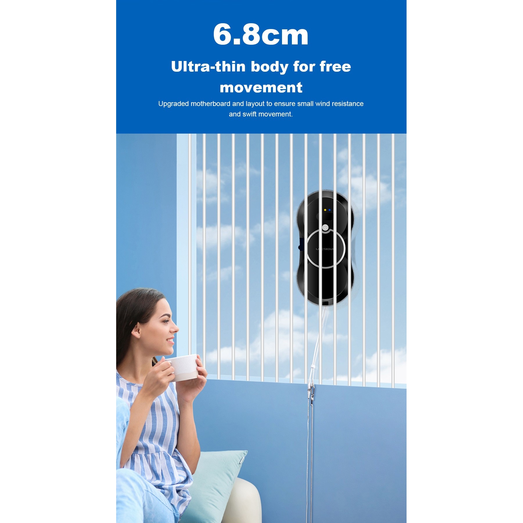 Robot de curatat geamuri Liectroux HCR-10, aspirare 2800Pa, rezervor apa 30 ml, corp ultra-subtire 6,8 cm, negru