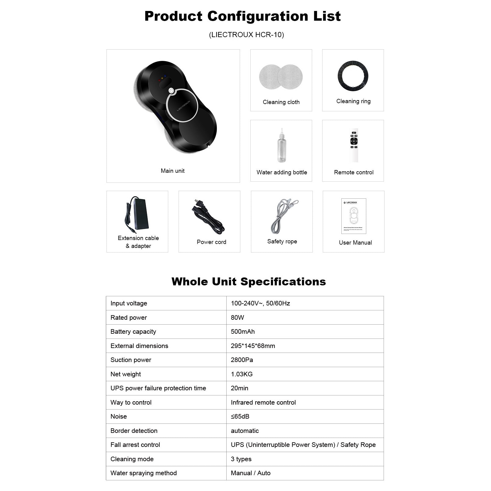Robot de curatat geamuri Liectroux HCR-10, aspirare 2800Pa, rezervor apa 30 ml, corp ultra-subtire 6,8 cm, negru