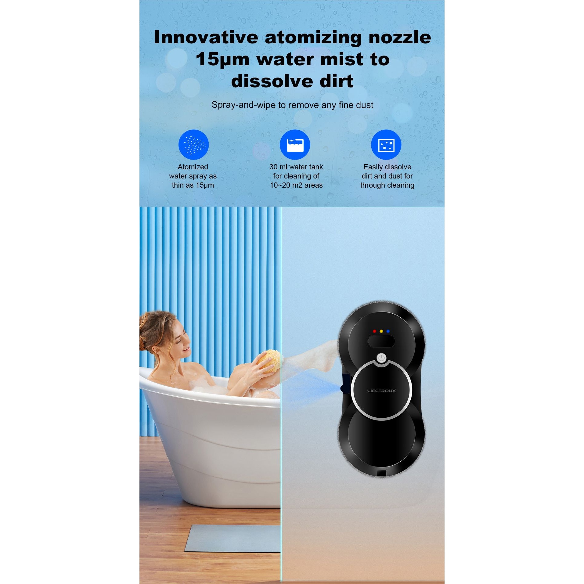 Robot de curatat geamuri Liectroux HCR-10, aspirare 2800Pa, rezervor apa 30 ml, corp ultra-subtire 6,8 cm, negru