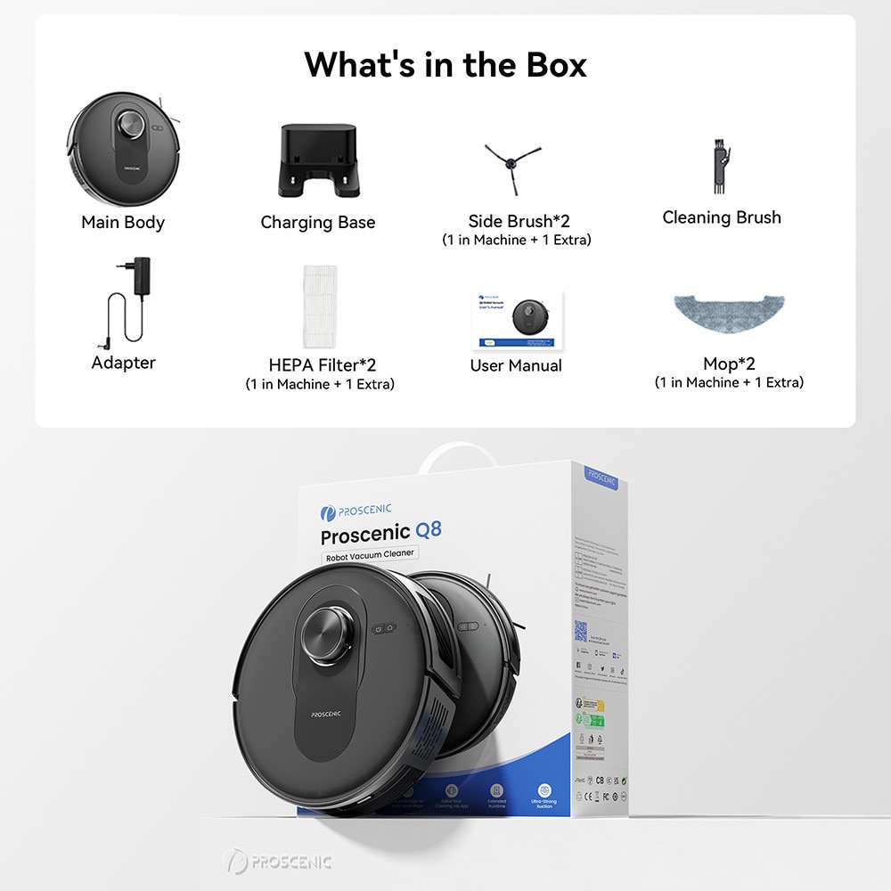 Aspirator robot Proscenic Q8, 4200 Pa, HEPA, 2-in-1, Negru, 200 min autonomie