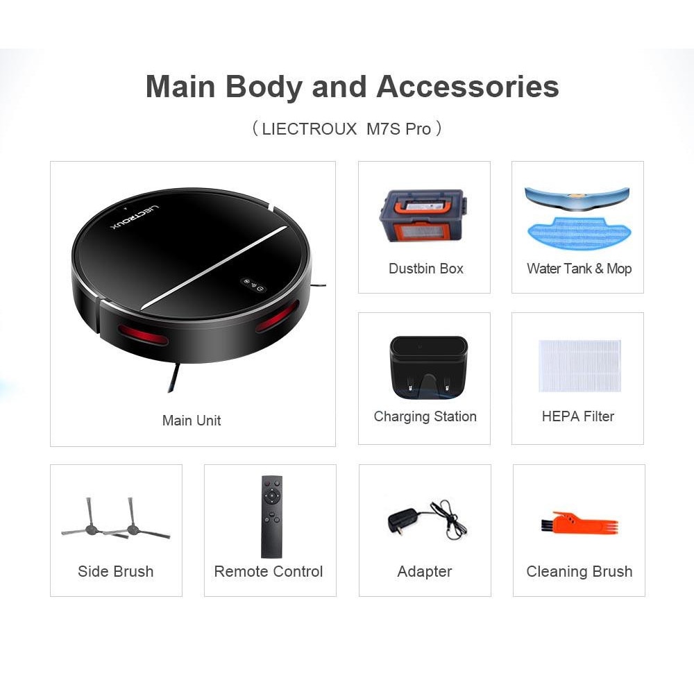 Aspirator robot, Liectroux M7S Pro, navigare harta 2D, baterie 4400mAh, negru, cu accesorii