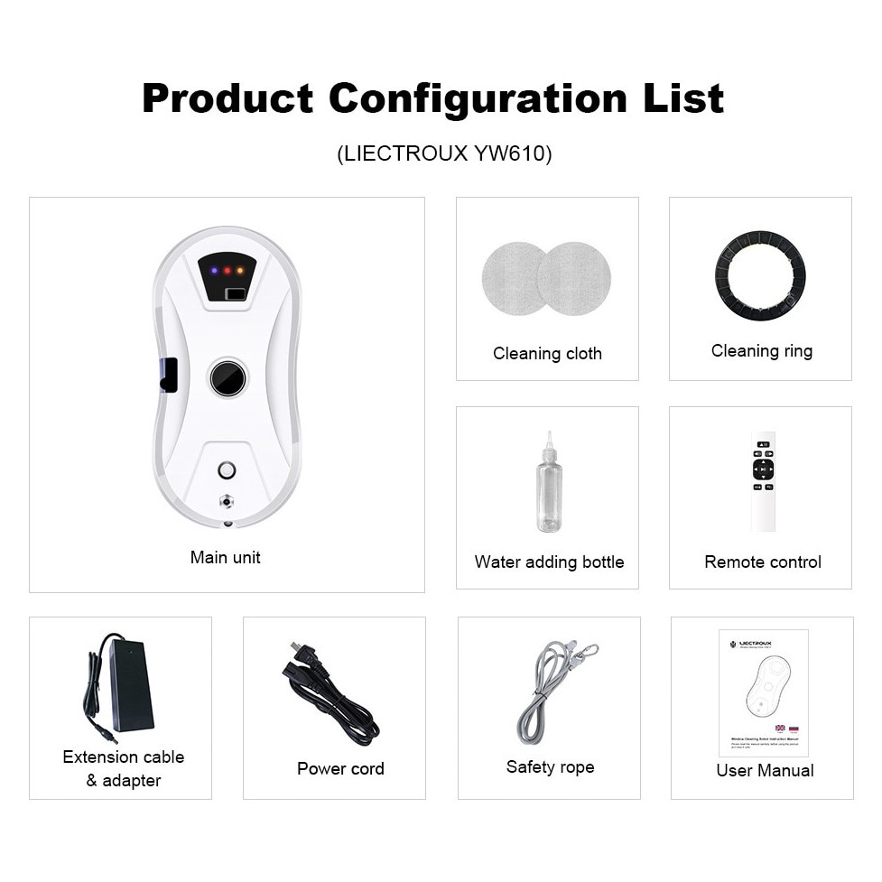 Robot curatare geamuri Liectroux YW610, aspiratie 2800Pa, rezervor 30ml, alb, 29x14.4x9.3cm