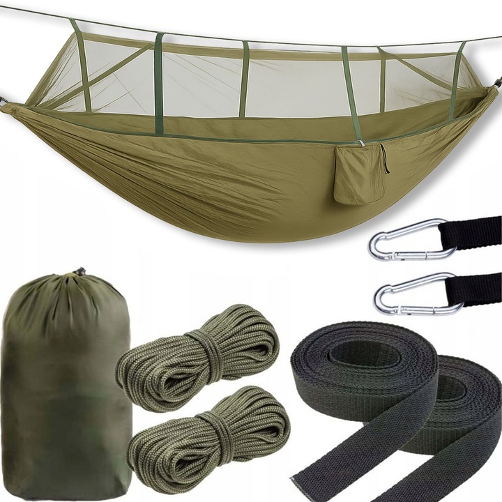 Függőágy szúnyoghálóval, PrzydaSie, kétszemélyes, 255x140cm, sötétzöld, kiegészítőtartóval