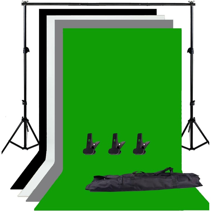 Set suport fundal foto WALALLA, 2x2m, 1.5x3m tesatura fundal in 4 culori, portabil/foldabil, pentru studio foto/video