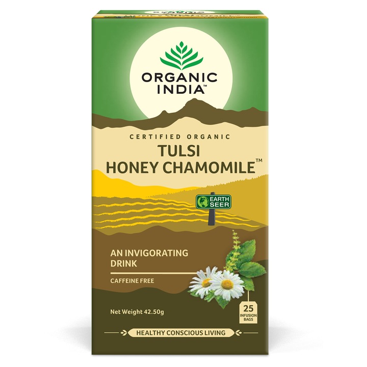 Ceai Tulsi Busuioc Sfant Miere Musetel, ORGANIC INDIA, Amestec Adaptogen Revigorant, 100% certificat organic, 25 plic, BIO