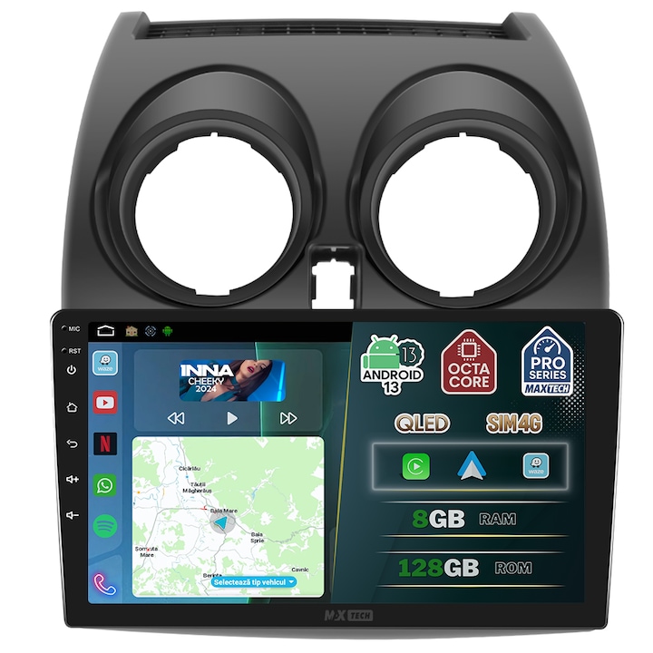 Навигация за Nissan Qashqai J10 2006-2013, специално разработена, MaxTech® PRO SERIES, 8 GB Ram 128 GB Rom OctaCore, Carplay и Android auto, 9" HD сензорен екран, SIM карта 4G, GPS, Wifi, Bluetooth, радио, EQ, Waze, Youtube