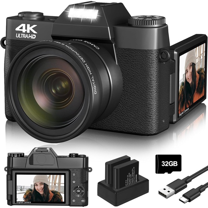 Aparat foto digital, WALALLA, ecran de 3 inci, ecran rabatabil la 180 de grade, video 4K si imagine de 48MP, cu wifi, zoom 16x, card de 32G, obiectiv cu unghi larg de 52 mm si obiectiv macro, pentru calatorii in familie, negru